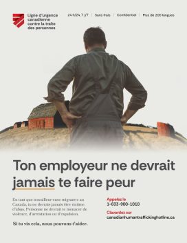 Affiche de sensibilisation aux droits des travailleurs et travailleuses migrants mettant en scène un travailleur agricole dans un champ. Comprend les coordonnées de la Ligne d’urgence canadienne contre la traite des personnes.