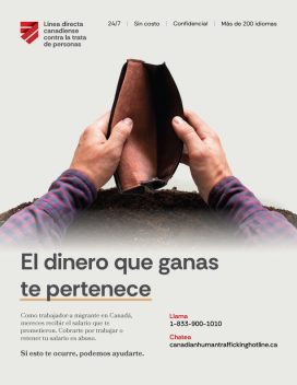 Cartel informativo sobre los derechos de las personas trabajadoras migrantes que muestra una billetera vacía sostenida con ambas manos. Incluye la información de contacto de la Línea Directa Canadiense contra la Trata de Personas.